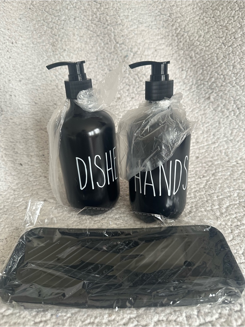 Plastic Black 'DISHES' and 'HANDS' Pump Bottles Set